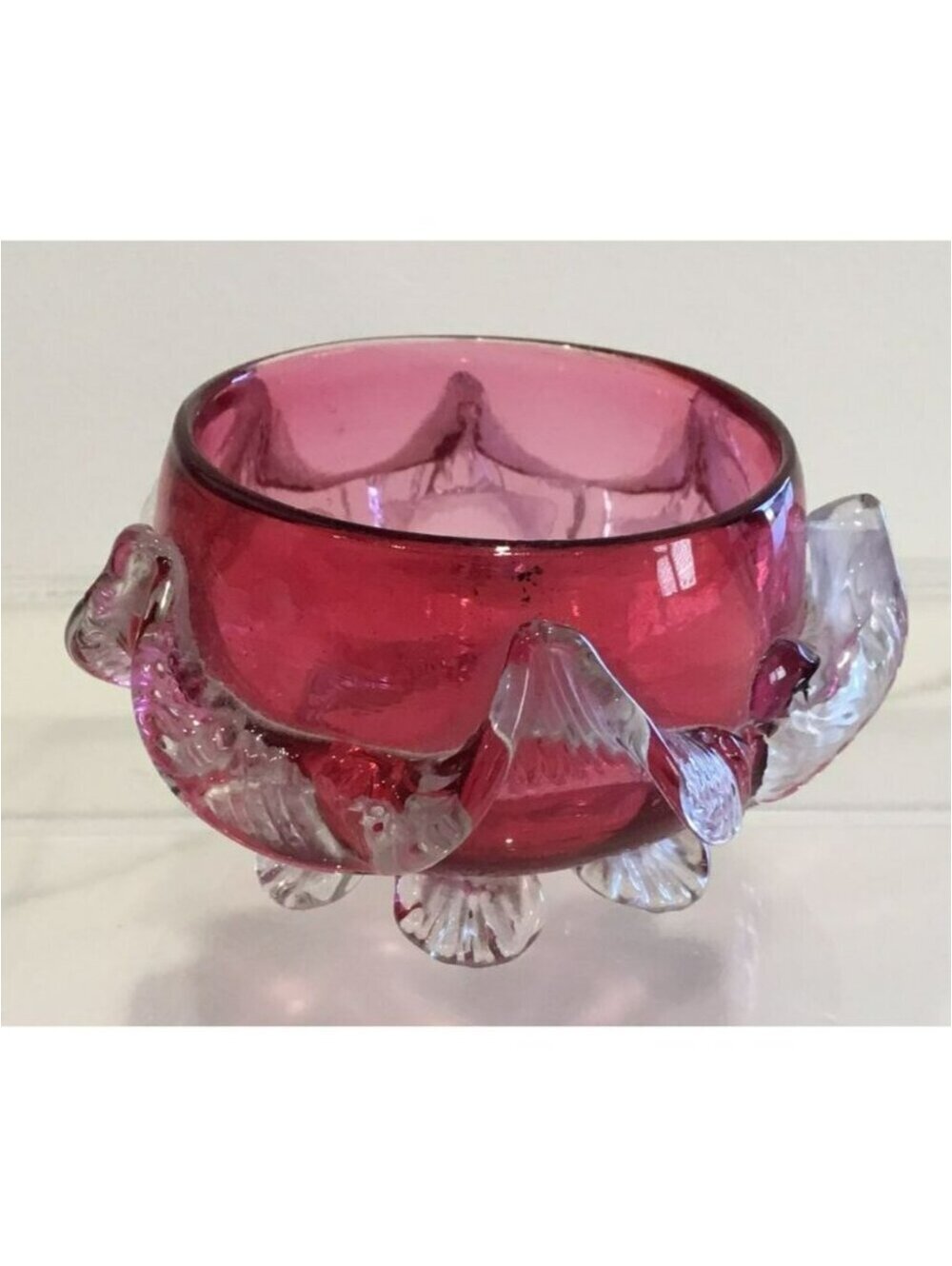 Antique Cranberry Glass Open Salt Dish Clear Applied Rigaree & Shell Feet Victor